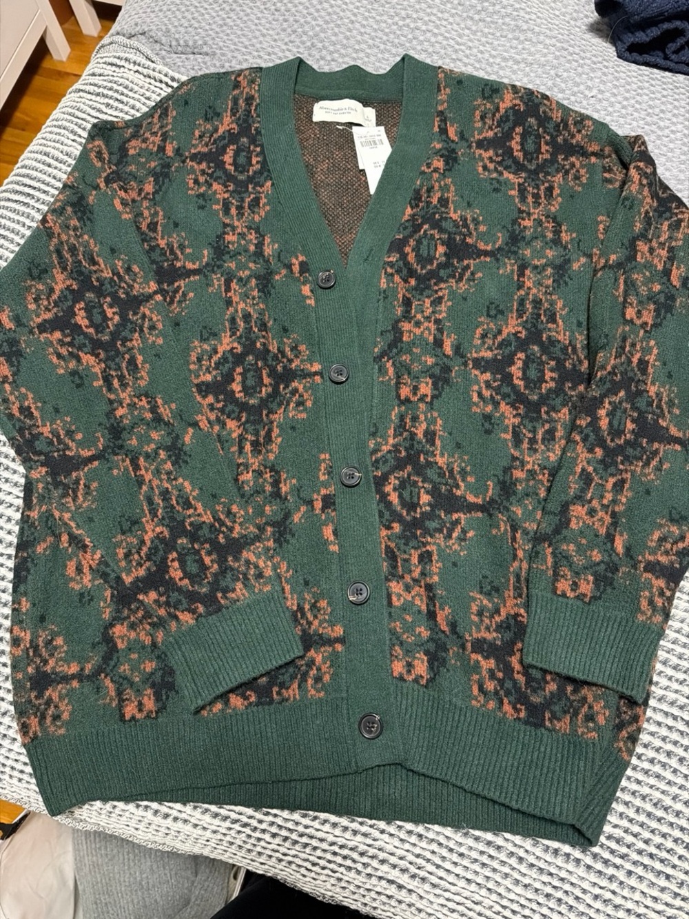 Abercrombie & Fitch Forest Green and Rust Patterned Button Cardigan
